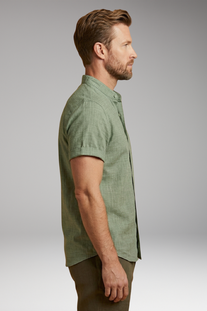 Men's Short-Sleeved Linen Shirt with Stand-Up Collar and Rolled Sleeves