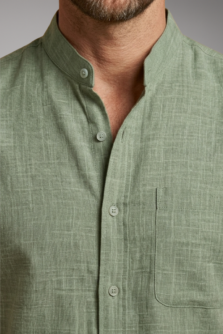 Men's Short-Sleeved Linen Shirt with Stand-Up Collar and Rolled Sleeves
