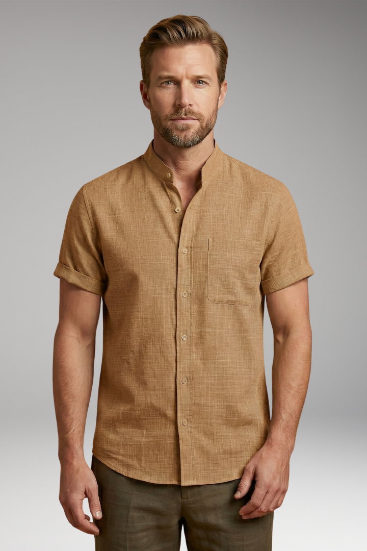Men's Short-Sleeved Linen Shirt with Stand-Up Collar and Rolled Sleeves