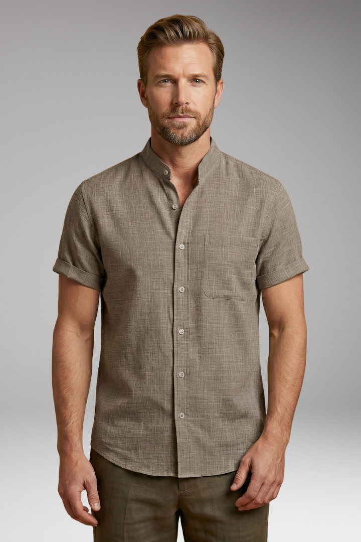 Men's Short-Sleeved Linen Shirt with Stand-Up Collar and Rolled Sleeves