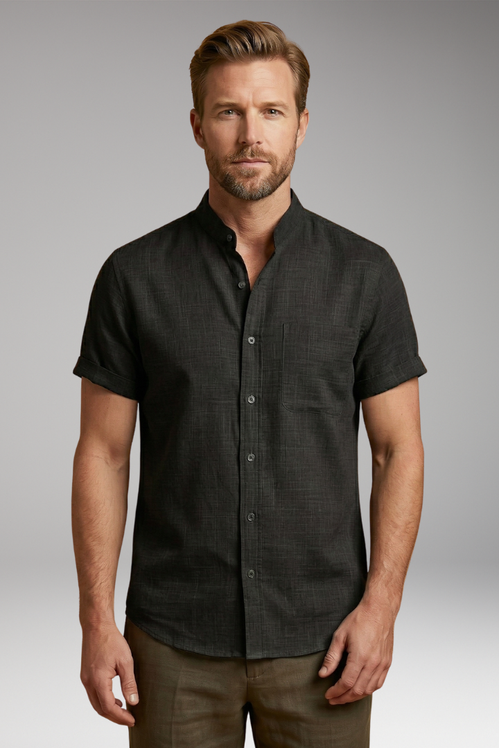 Men's Short-Sleeved Linen Shirt with Stand-Up Collar and Rolled Sleeves