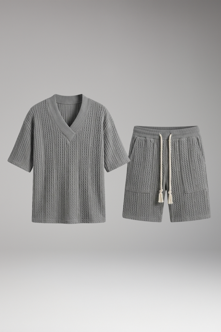 Men's Summer Knit Set with V-Neck Top and Matching Shorts