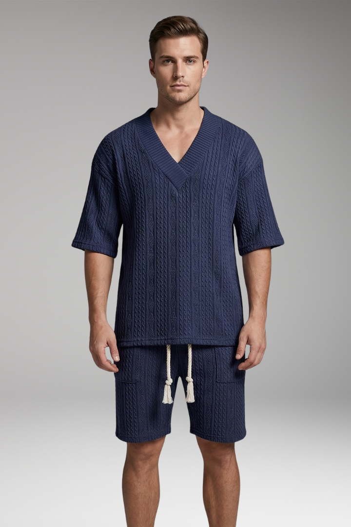 Men's Summer Knit Set with V-Neck Top and Matching Shorts