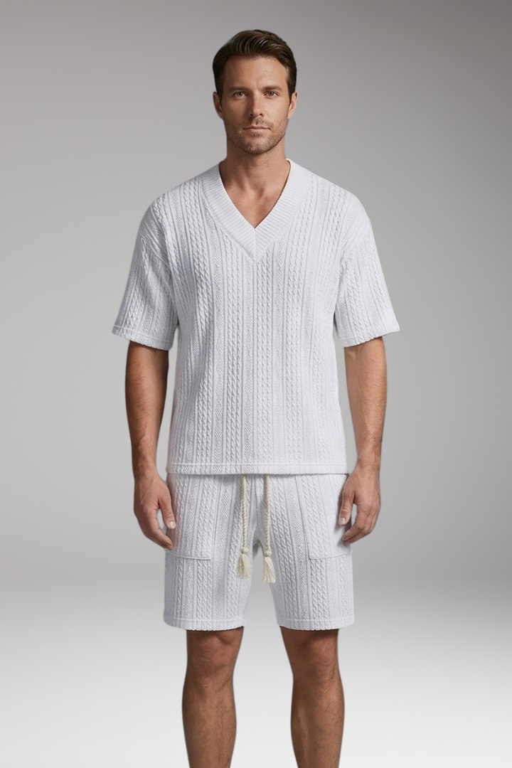 Men's Summer Knit Set with V-Neck Top and Matching Shorts