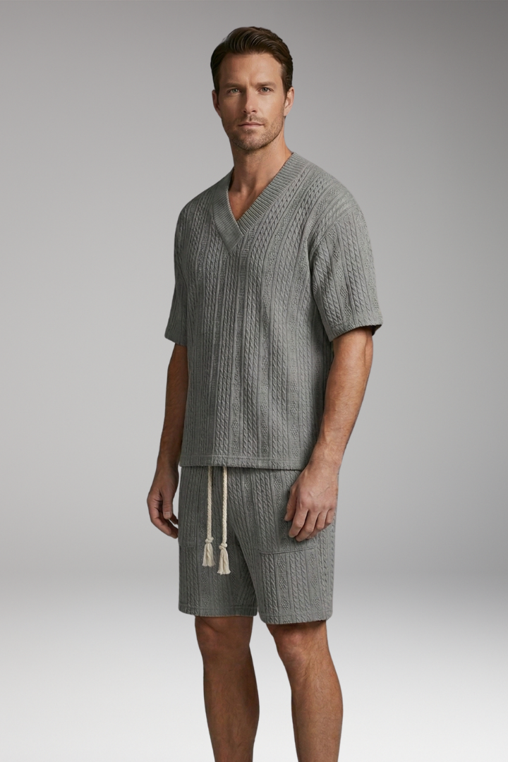 Men's Summer Knit Set with V-Neck Top and Matching Shorts