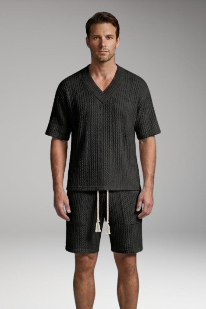 Men's Summer Knit Set with V-Neck Top and Matching Shorts