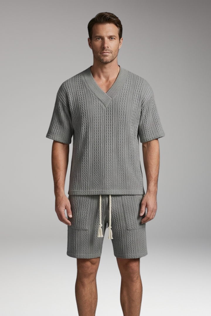 Men's Summer Knit Set with V-Neck Top and Matching Shorts