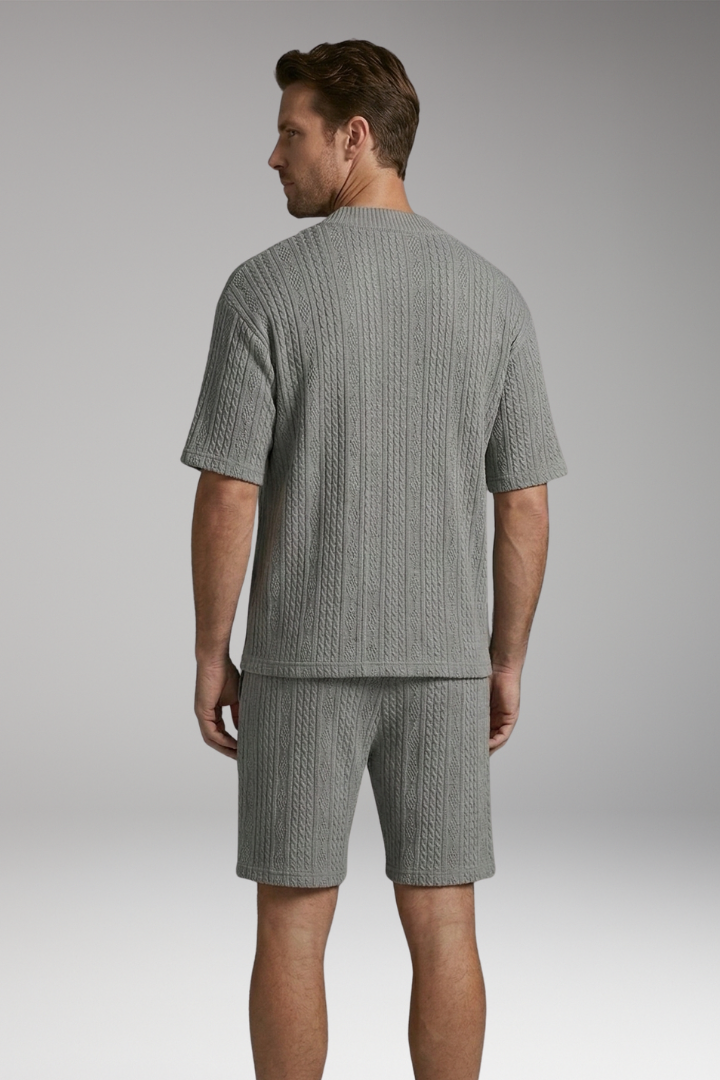 Men's Summer Knit Set with V-Neck Top and Matching Shorts