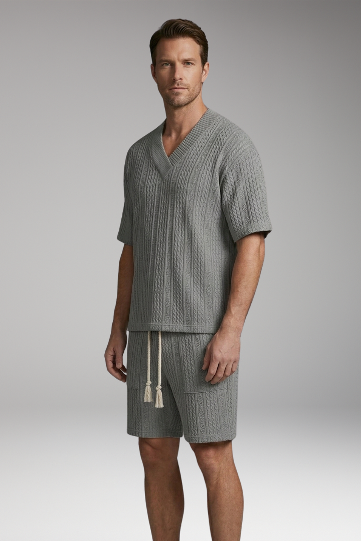 Men's Summer Knit Set with V-Neck Top and Matching Shorts
