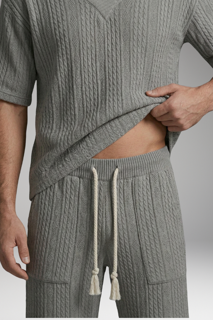 Men's Summer Knit Set with V-Neck Top and Matching Shorts