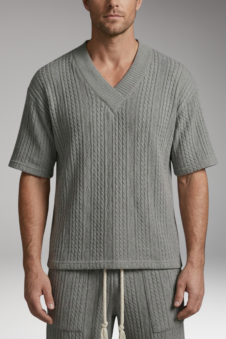Men's Summer Knit Set with V-Neck Top and Matching Shorts