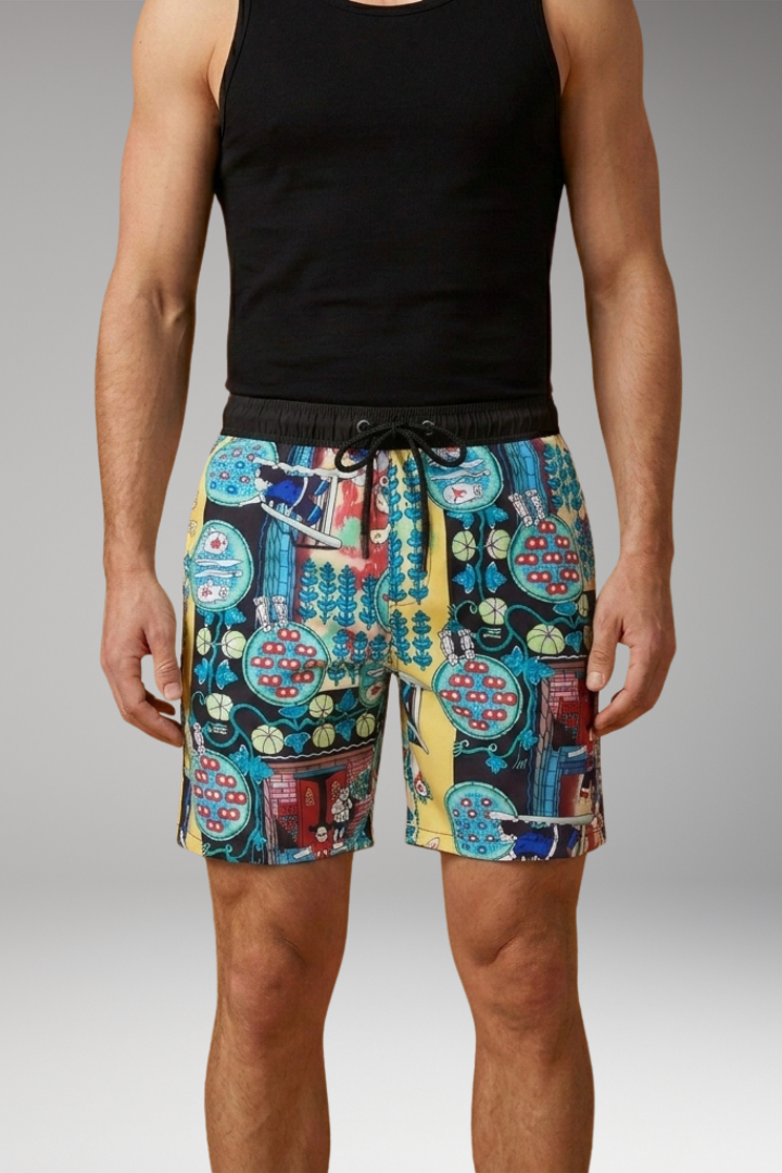 Men's Summer Shorts with Drawstring Waistband and Vibrant Printed Design