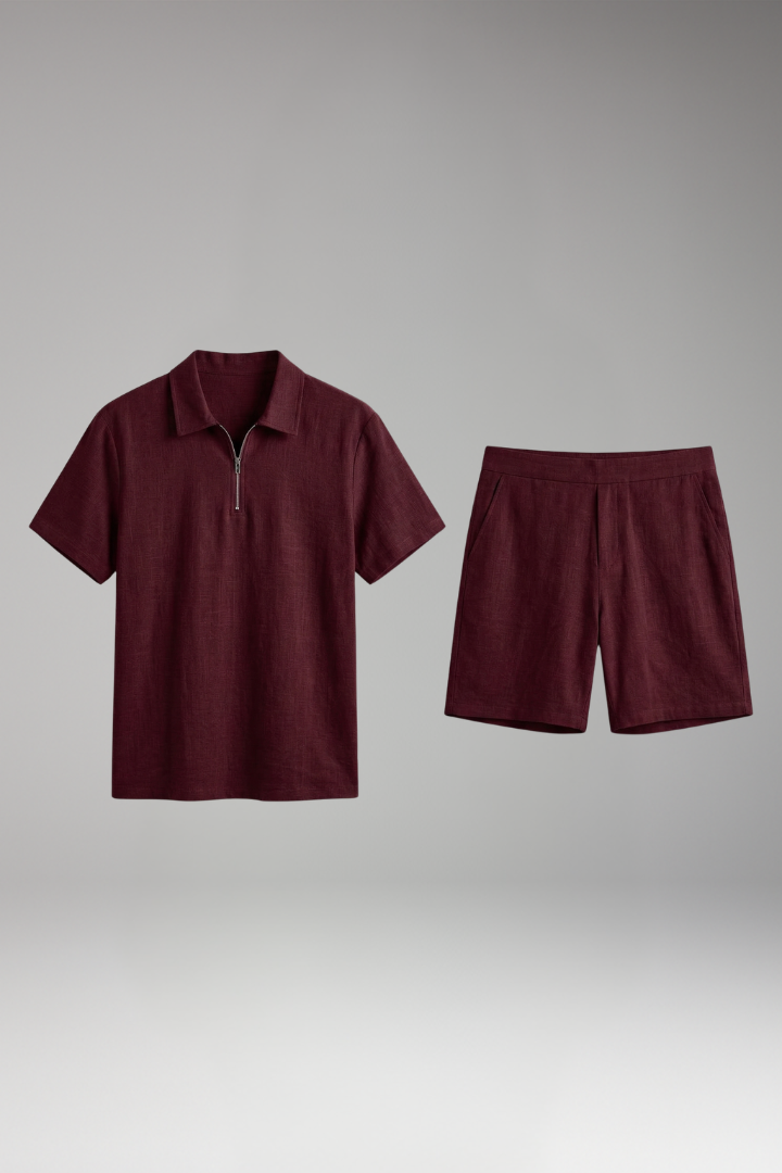 Men's Summer Two-Piece Set with Half-Zip Shirt and Quilted Shorts
