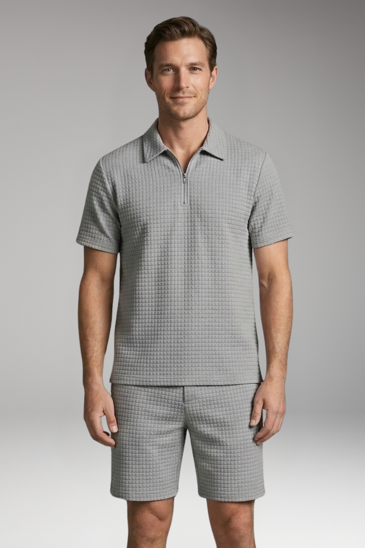Men's Summer Two-Piece Set with Half-Zip Shirt and Quilted Shorts