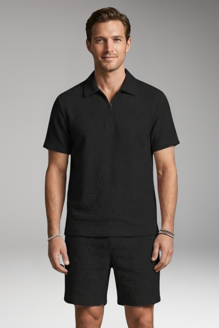 Men's Summer Two-Piece Set with Half-Zip Shirt and Quilted Shorts