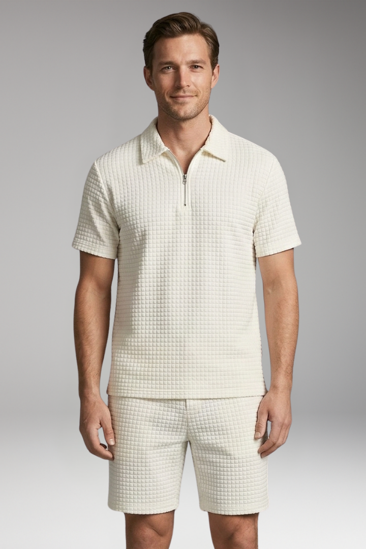 Men's Summer Two-Piece Set with Half-Zip Shirt and Quilted Shorts
