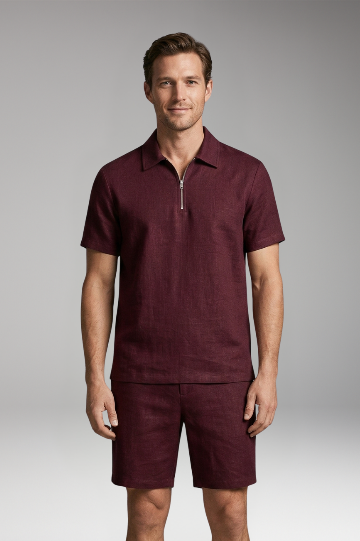 Men's Summer Two-Piece Set with Half-Zip Shirt and Quilted Shorts