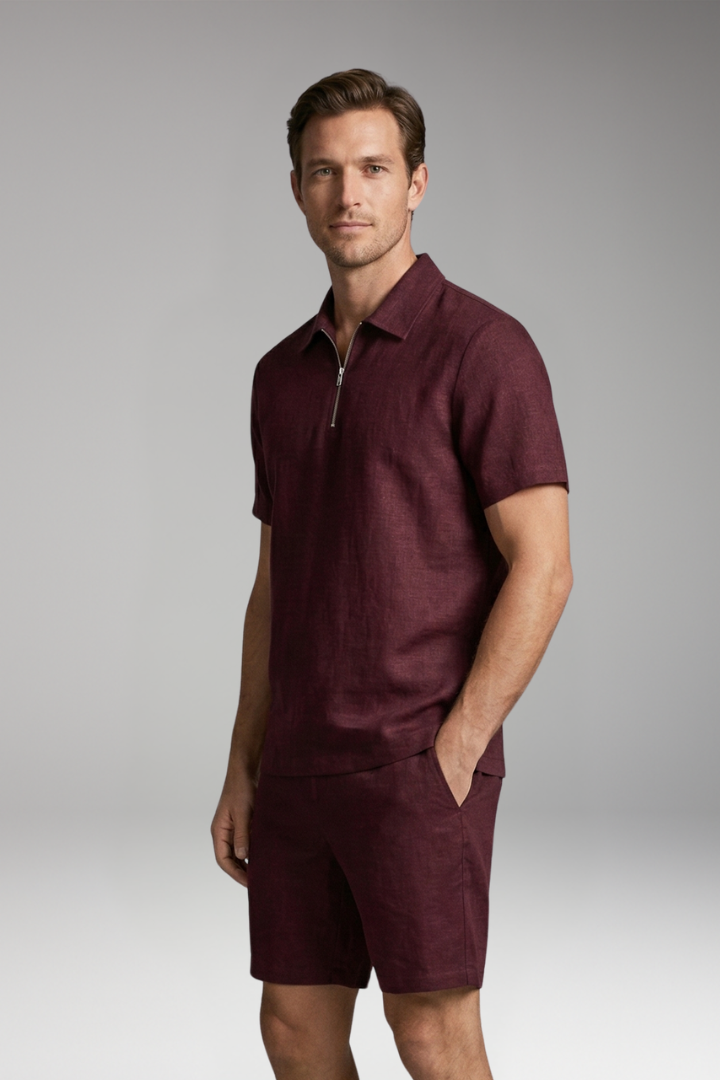 Men's Summer Two-Piece Set with Half-Zip Shirt and Quilted Shorts