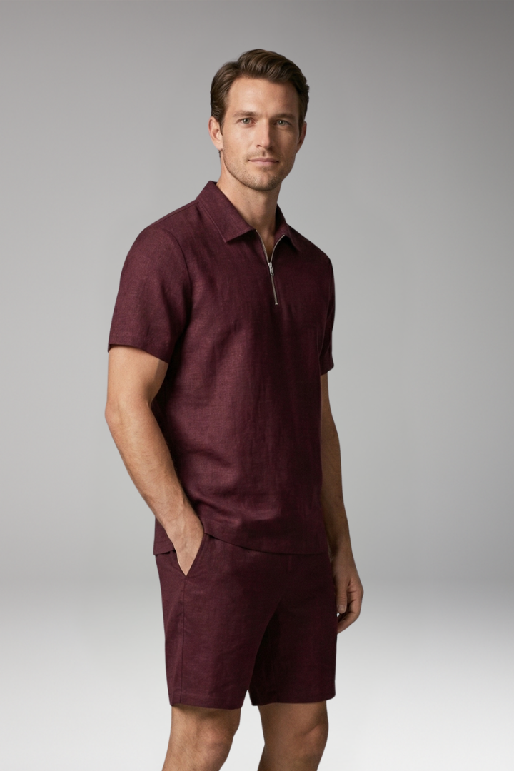 Men's Summer Two-Piece Set with Half-Zip Shirt and Quilted Shorts