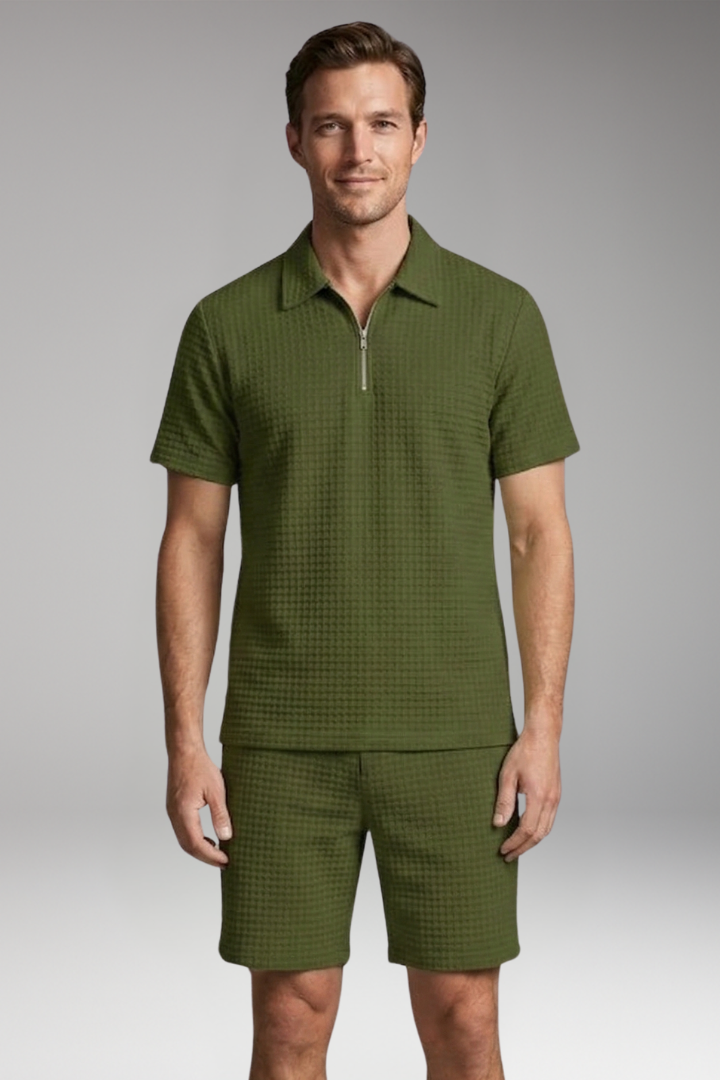 Men's Summer Two-Piece Set with Half-Zip Shirt and Quilted Shorts