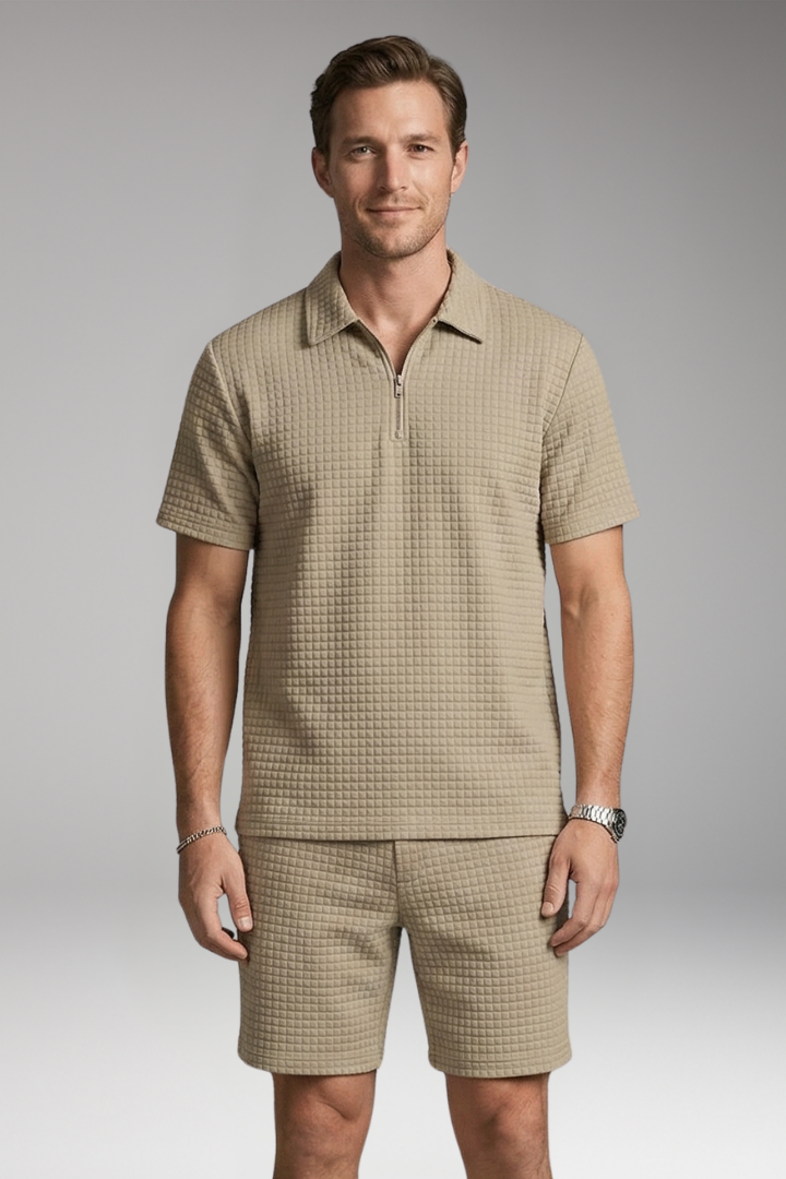 Men's Summer Two-Piece Set with Half-Zip Shirt and Quilted Shorts