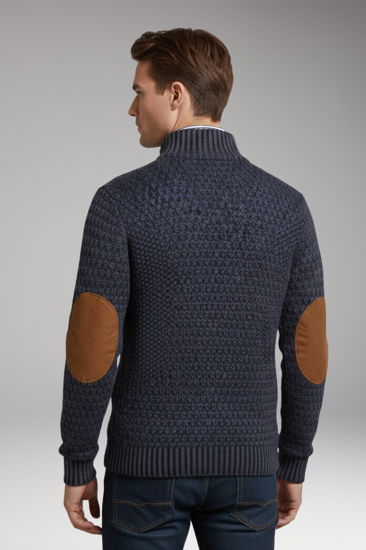 Men's Sweater with Buttoned Neckline and Elbow Patches