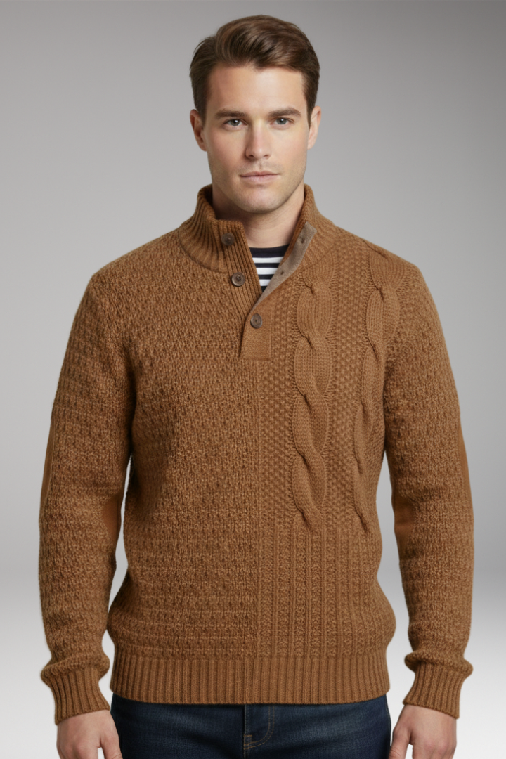 Men's Sweater with Buttoned Neckline and Elbow Patches