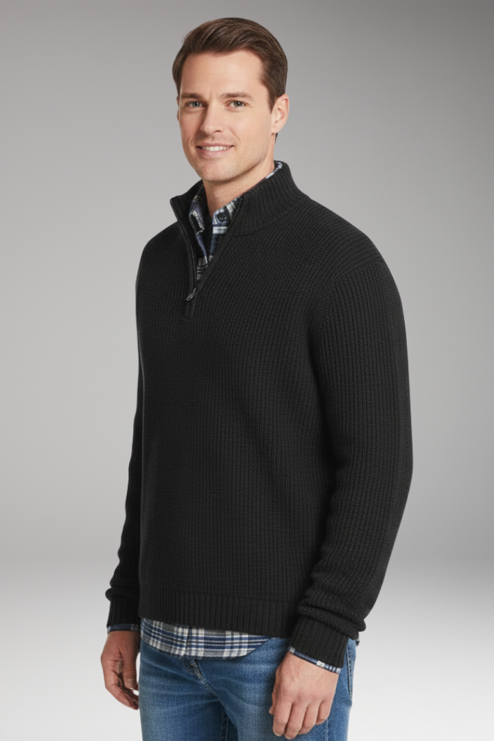 Men's Sweater with Half-Zip Closure and Stand Collar