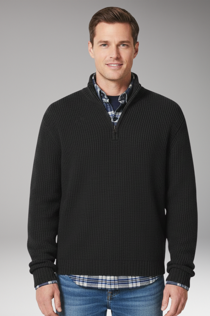 Men's Sweater with Half-Zip Closure and Stand Collar