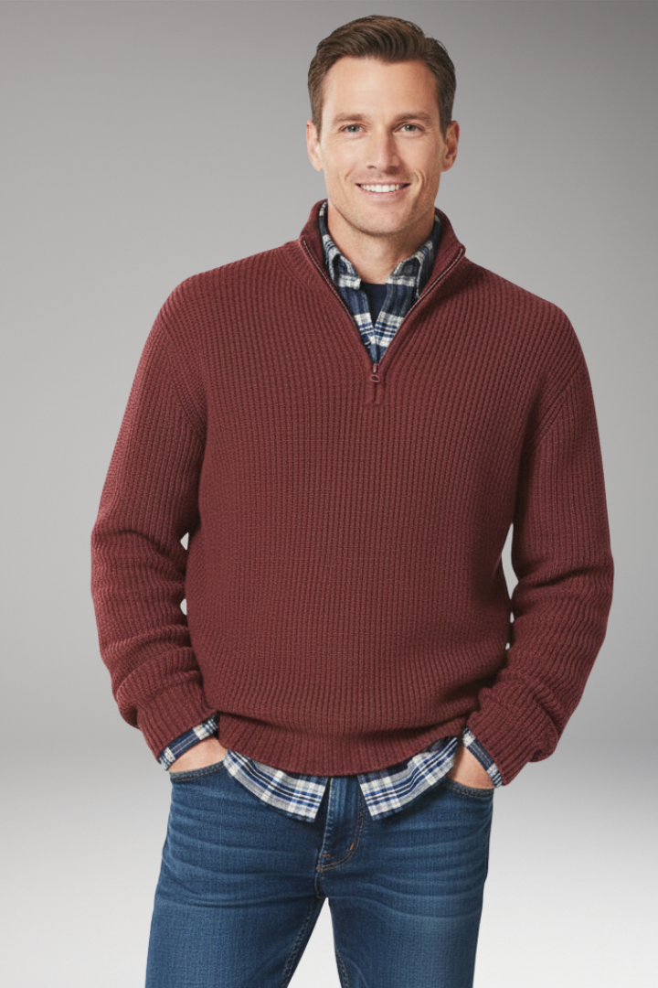 Men's Sweater with Half-Zip Closure and Stand Collar