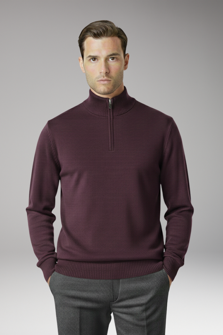 Men's Sweater with Half Zip and Ribbed Hem
