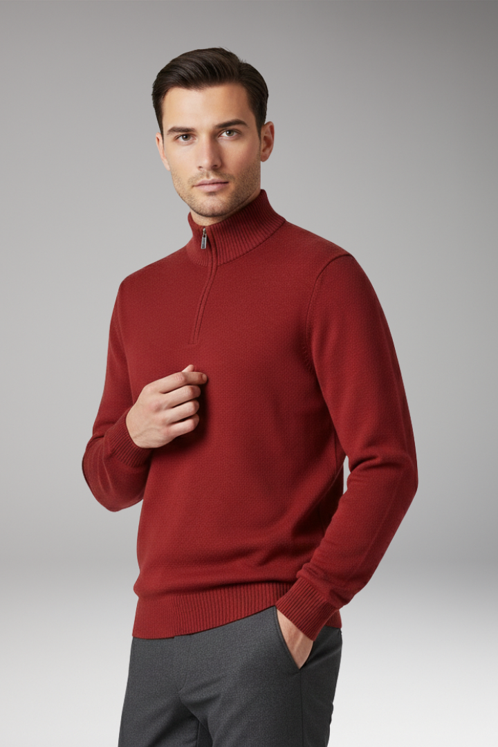 Men's Sweater with Half Zip and Ribbed Hem