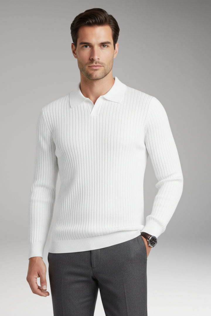 Men's Sweater with Polo Collar and Ribbed Texture