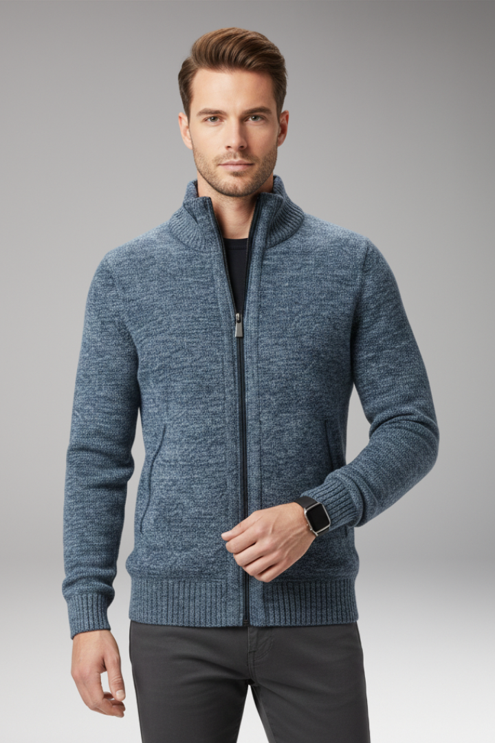 Men's Sweater with Stand-Up Collar and Zip Closure