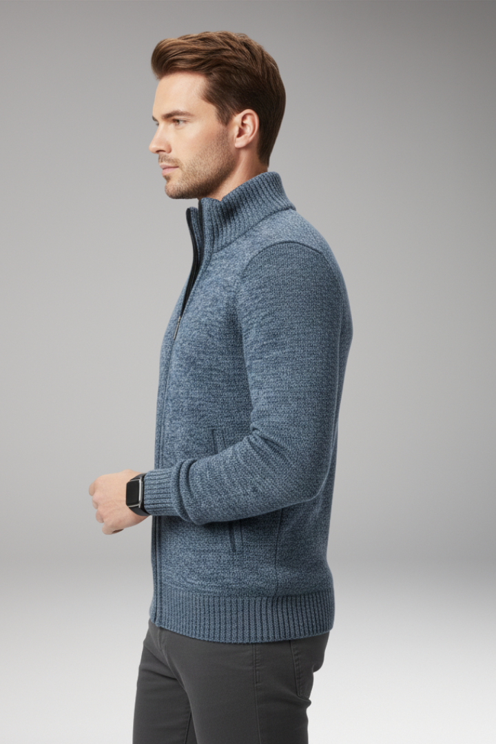 Men's Sweater with Stand-Up Collar and Zip Closure