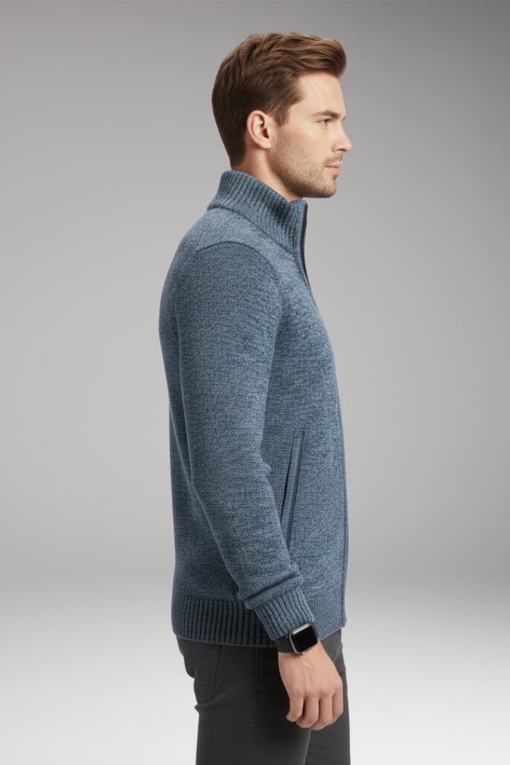 Men's Sweater with Stand-Up Collar and Zip Closure