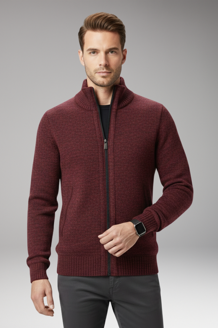 Men's Sweater with Stand-Up Collar and Zip Closure