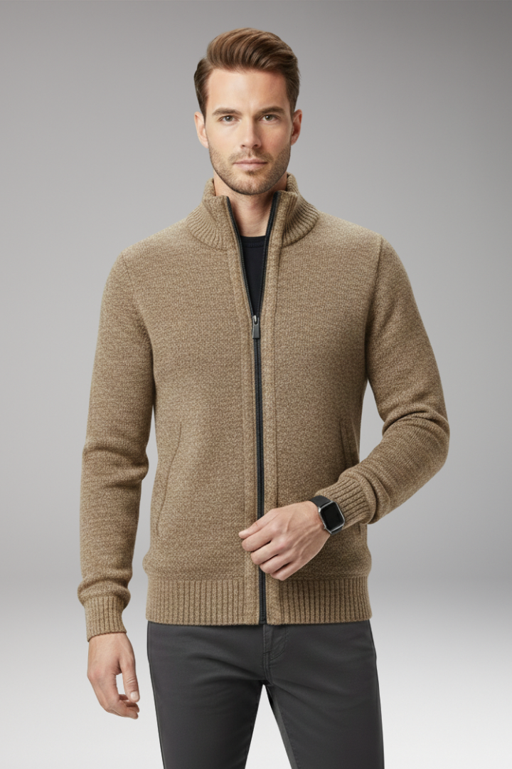 Men's Sweater with Stand-Up Collar and Zip Closure