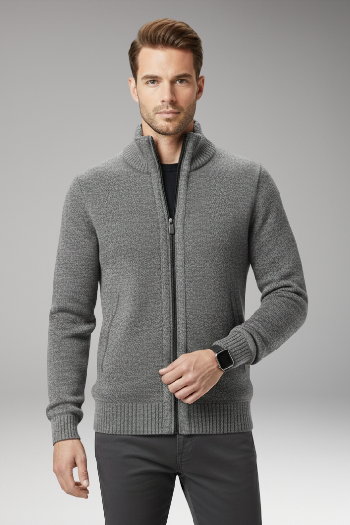 Men's Sweater with Stand-Up Collar and Zip Closure