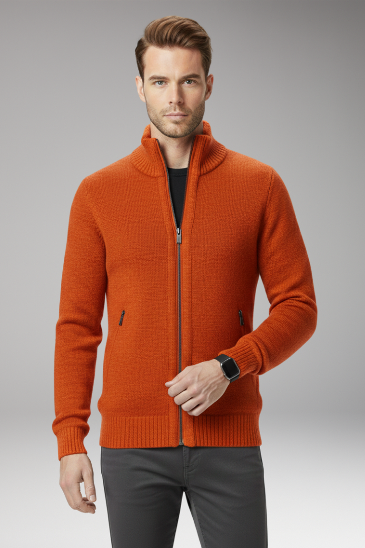 Men's Sweater with Stand-Up Collar and Zip Closure