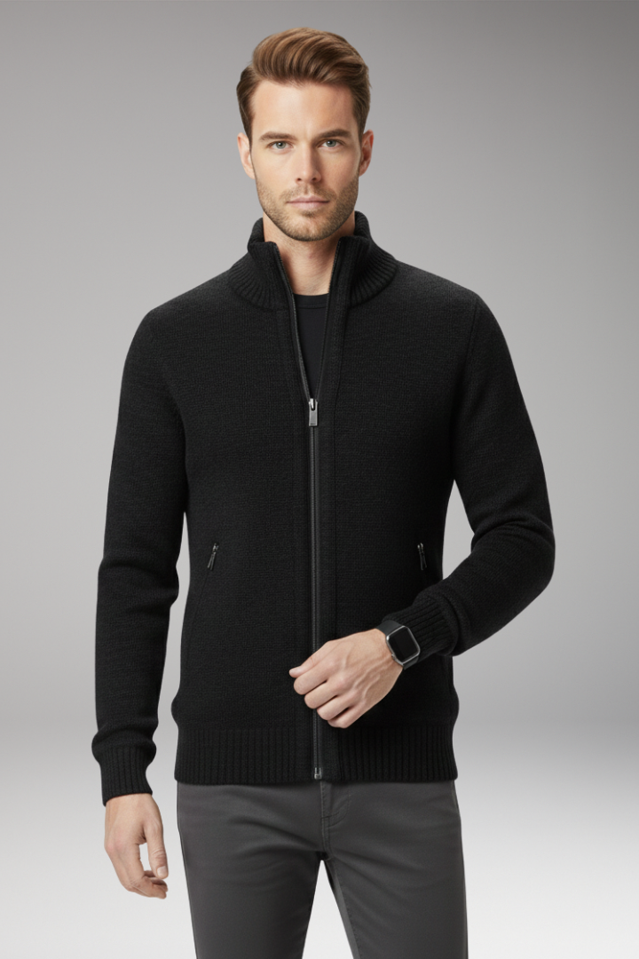 Men's Sweater with Stand-Up Collar and Zip Closure