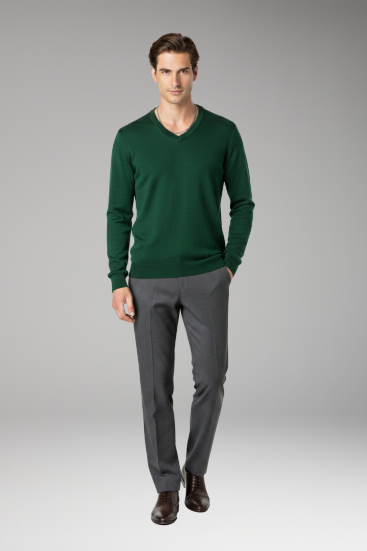 Men's Sweater with V-Neck and Ribbed Trim
