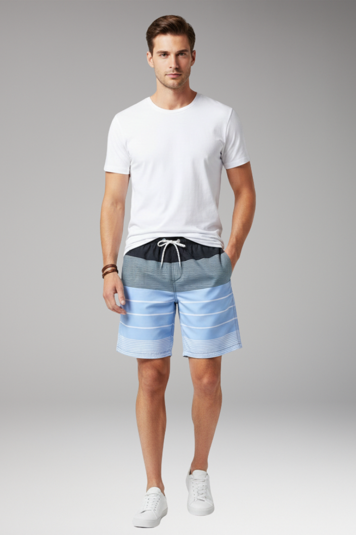 Men's Swim Shorts with Drawstring and Striped Pattern