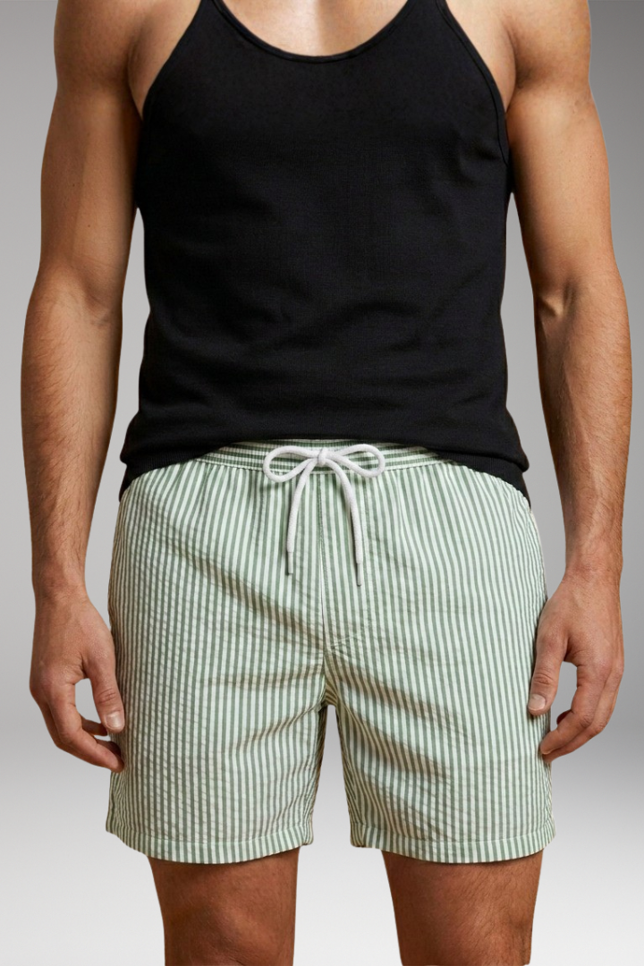 Men's Swim Shorts with Striped Design and Drawstring Waistband
