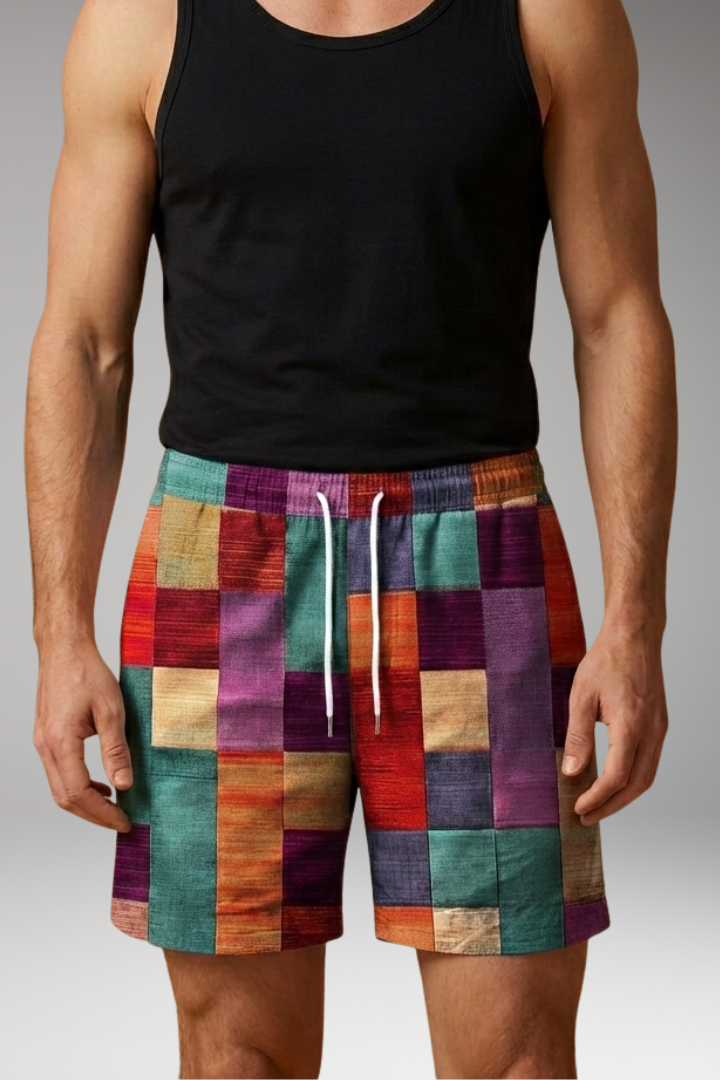 Men's Swim Shorts with Elastic Waistband and Multicolored Block Pattern