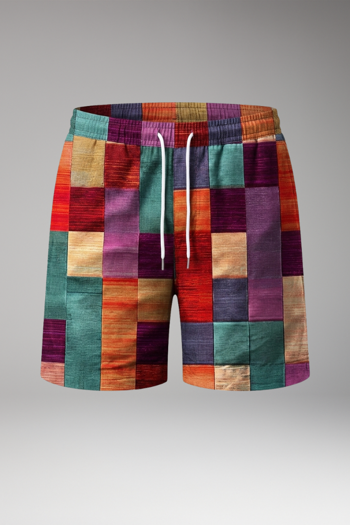 Men's Swim Shorts with Elastic Waistband and Multicolored Block Pattern