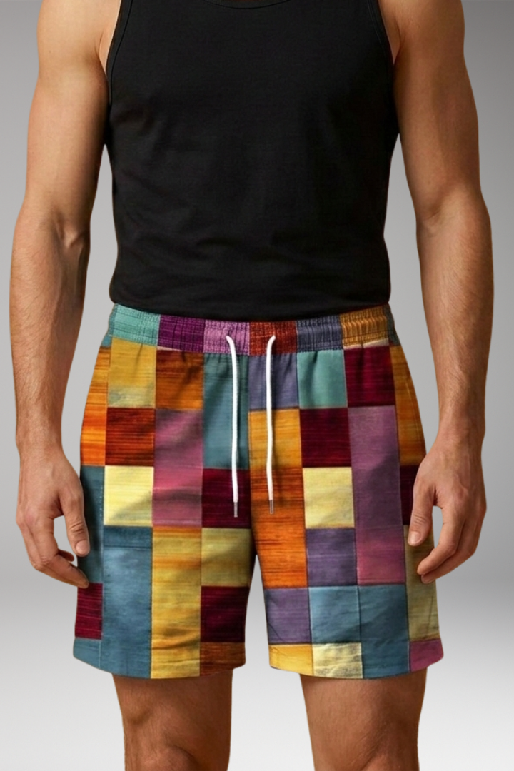 Men's Swim Shorts with Elastic Waistband and Multicolored Block Pattern