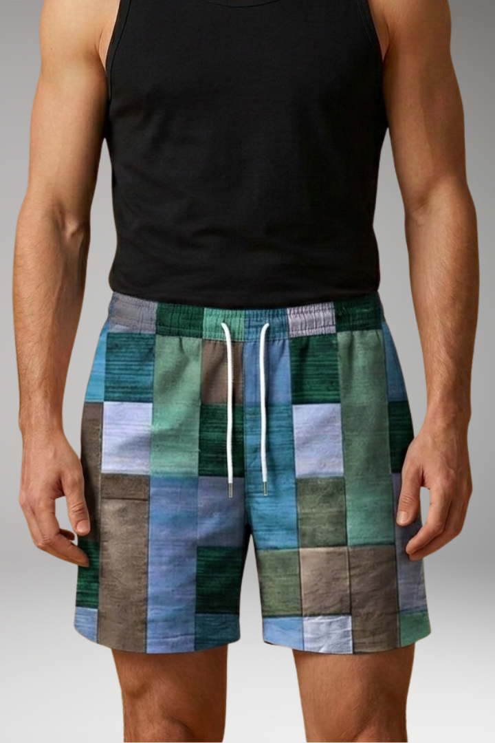 Men's Swim Shorts with Elastic Waistband and Multicolored Block Pattern