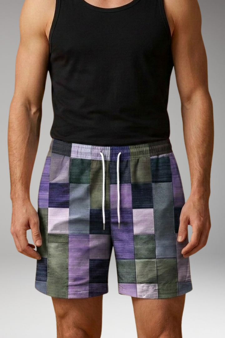 Men's Swim Shorts with Elastic Waistband and Multicolored Block Pattern