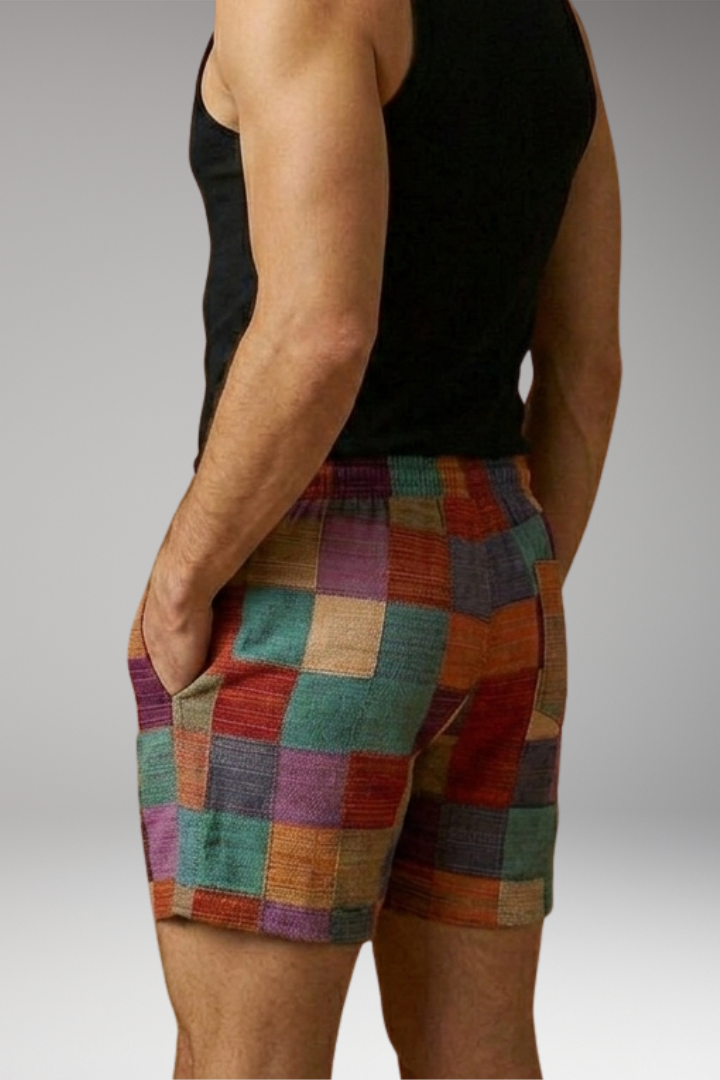 Men's Swim Shorts with Elastic Waistband and Multicolored Block Pattern